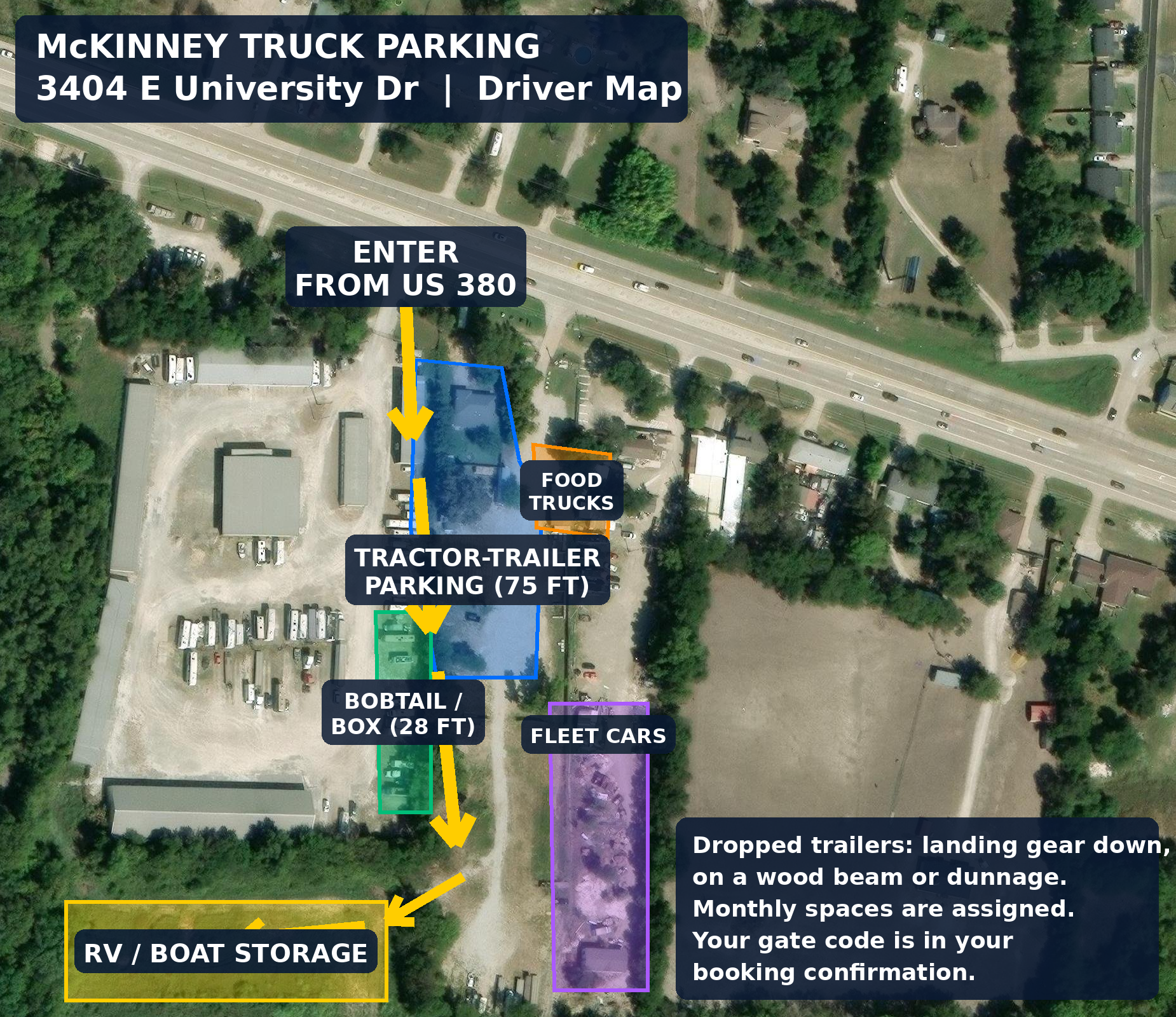 Lot map for 3404 E University Dr, McKinney TX, showing the entrance from US 380 and the parking zones for tractor-trailers, bobtails and box trucks, food trucks, fleet cars, and RV and boat storage